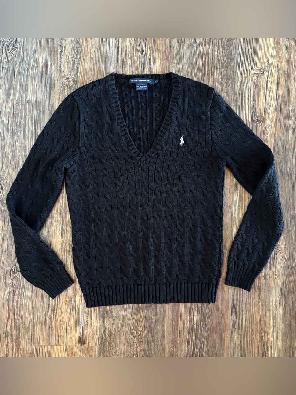 Ralph Lauren Sport V-Neck Cable Knit Sweater Womens XL Black White Pony Cotton